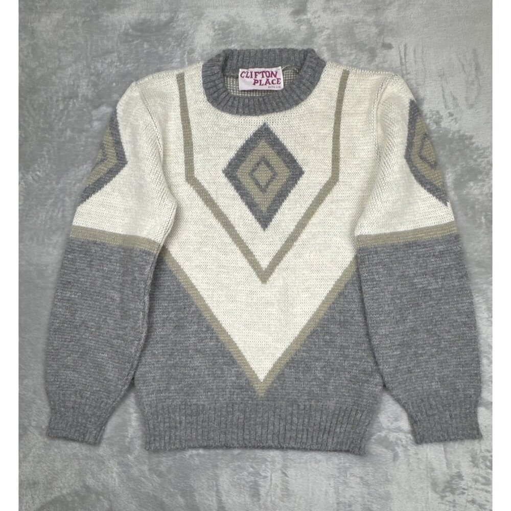 Vintage 80s Diamond Geometric Knit Sweater Gray Neutral Pullover XS